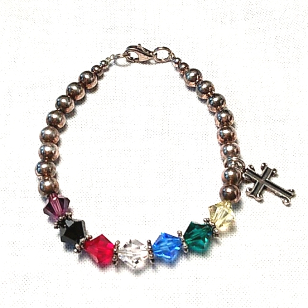 Vintage Colorfully Beaded Bracelet with Sterling Silver Cross